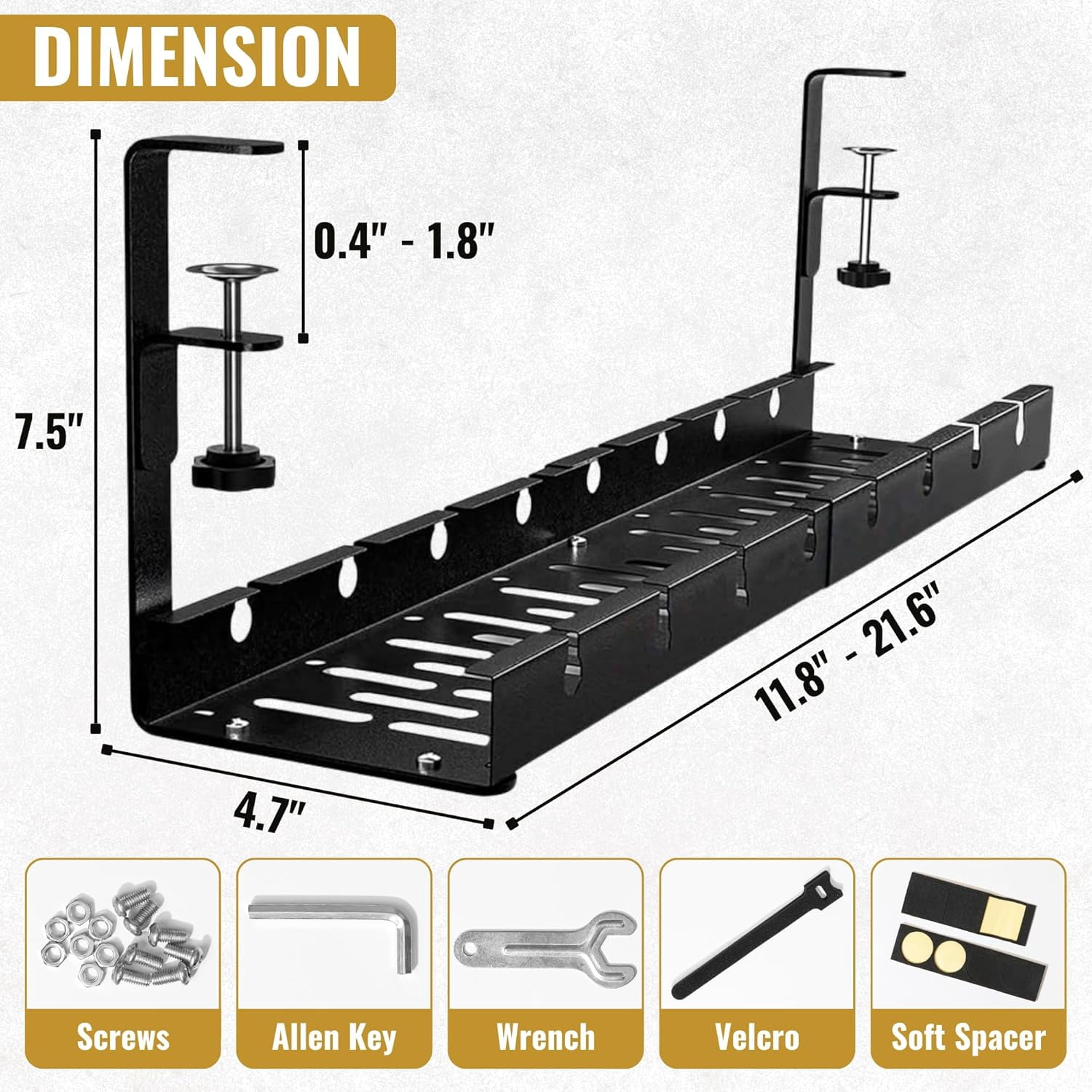 Premium Under Desk Cable Management Tray - Set of 2 - No Drill Under Desk Wire Management with Upgraded Clamp, Metal Cord Cable Organizer for Desks, PC Cable Management Rack – Black