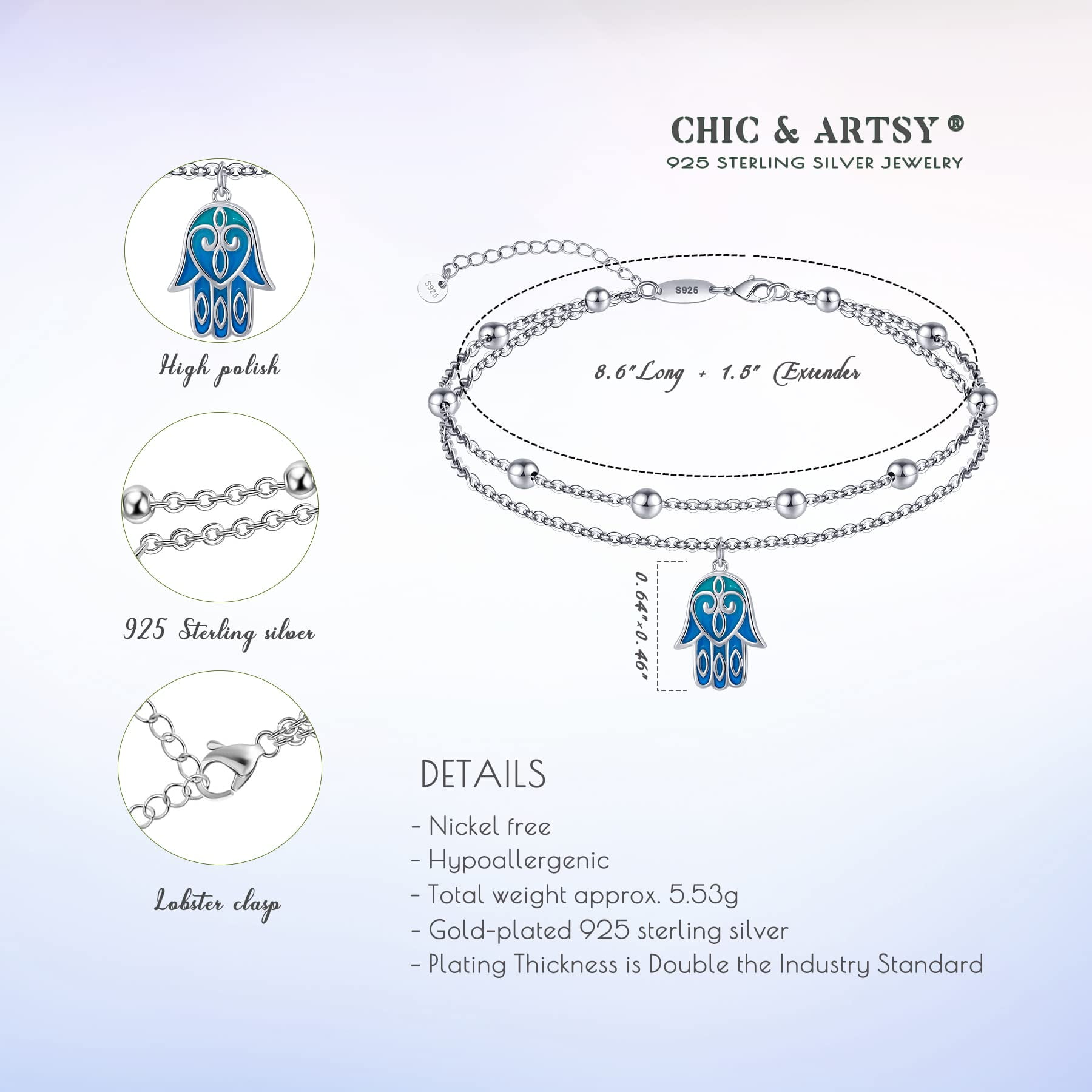 Hamsa Anklet 925 Sterling Silver Boho Ankle Bracelet for Women Dainty Evil Eye Foot Chains Adjustable Beach Hamsa Hand Layered Anklet Jewelry 11 Inches