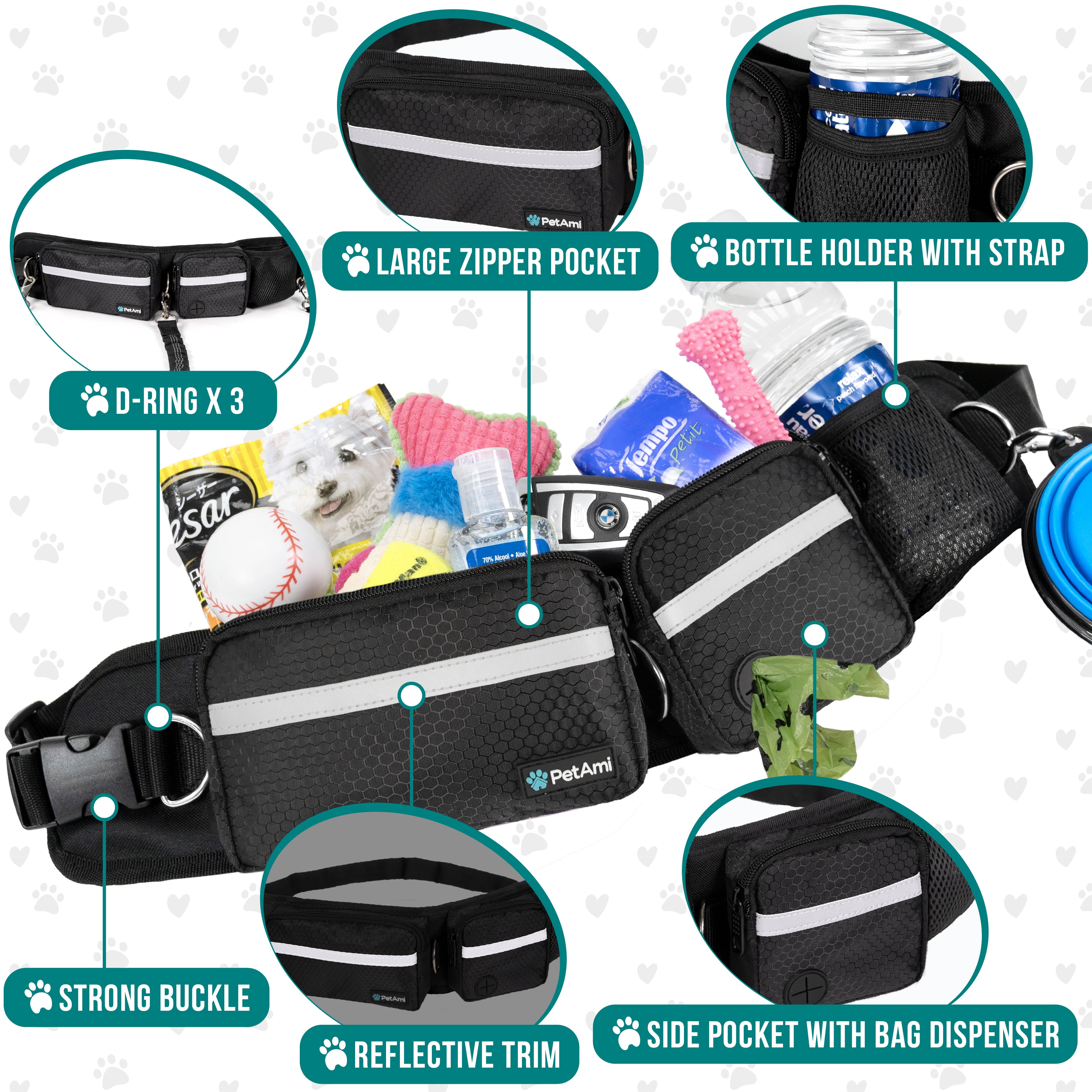 PetAmi Hands Free Dog Leash, Dog Running Leash Belt Bag for Walking, Jogging, Dog Waist Double Zipper Pouch with Poop Bag Dispenser, Dual Padded Handles Reflective Bungee Leash, Single
