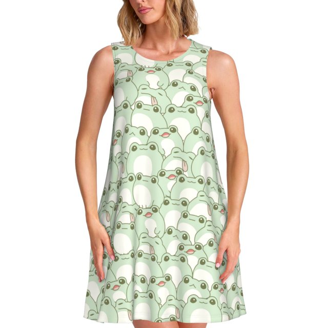 Easygdp Cute Frog para Vestido Transpirable de Mujer, Vestido Suelto de Manga Corta con Pliegues y Bolsillos para el Verano