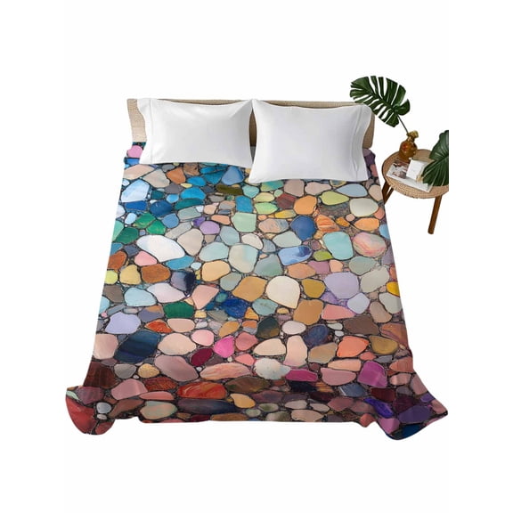 California King Size Flat Sheet Only, Colorful Stone Soft Brushed Microfiber Bed Sheets, Rainbow Abstract Oil Painting Brushwork Hotel Quality Breathable Bedding Top Sheet, Easy Care, 108"x98"