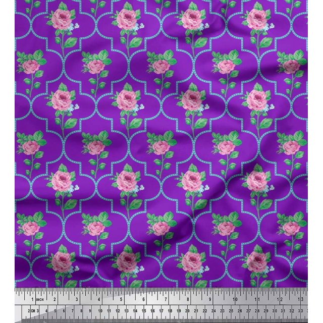 Soimoi Poly Georgette Tissu Quadrillé Design, Feuilles & Imprimé Floral Rose par Yard 52 Pouces de Large