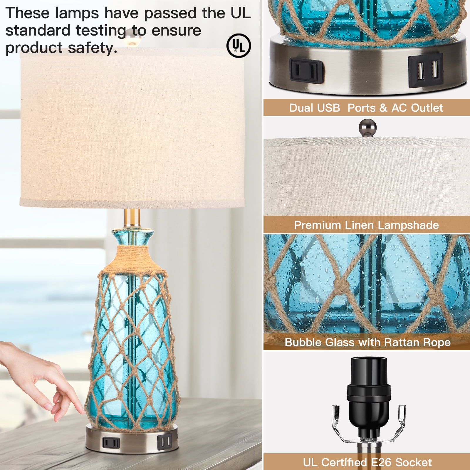 Cinkeda Coastal Table Lamps Set of 2 with USB C & A Charging Ports & AC Outlet - 3-Way Dimmable Touch Control Bedside Lamps,25" Tall, Glass