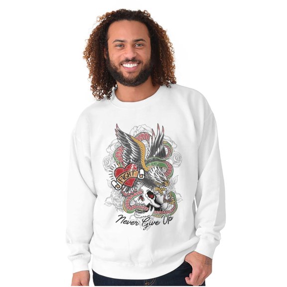 Never Give Up Fight Skull Tattoo Unisex Plus Fleece Graphic Sweatshirt Brisco Brands 2X