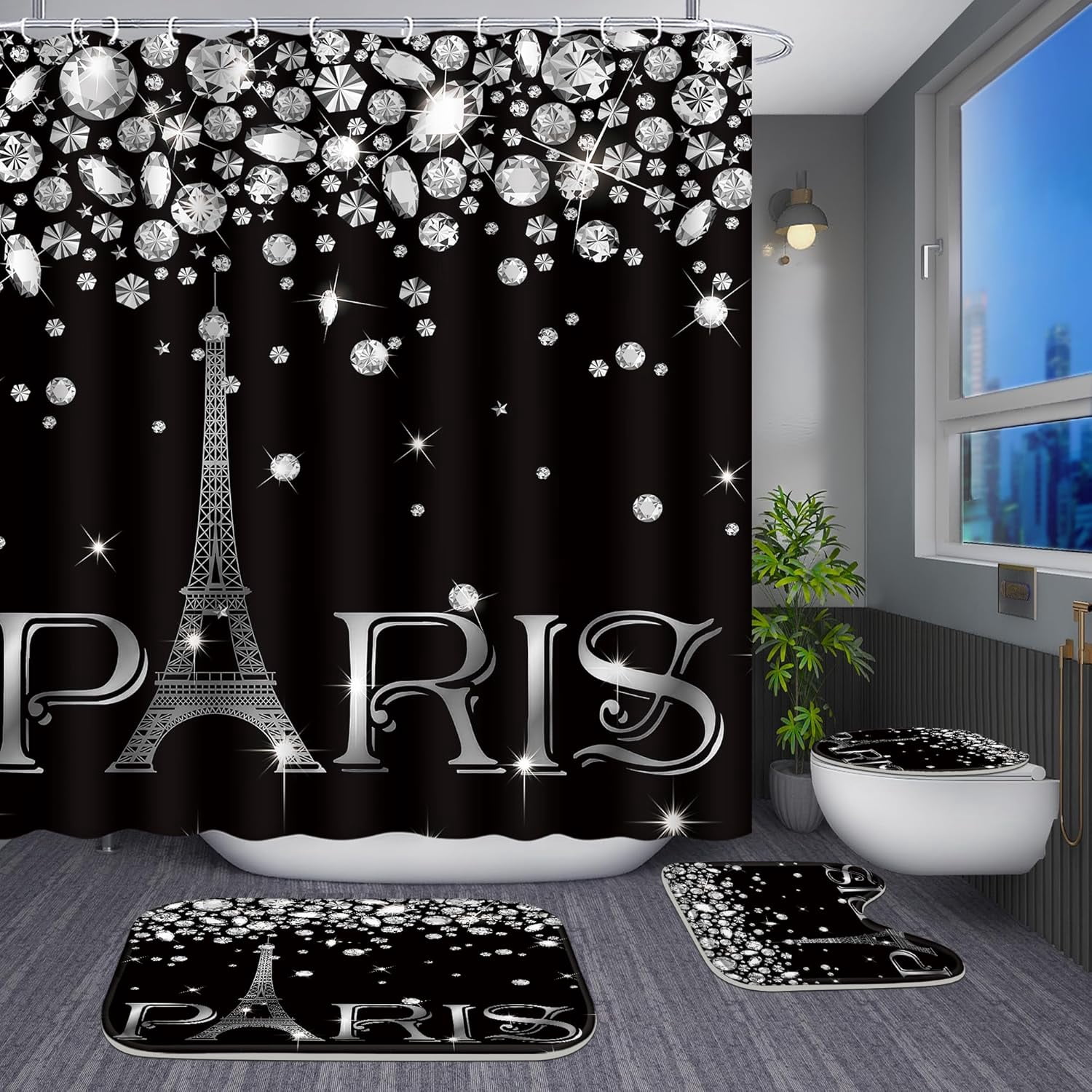 4 Pcs Bathroom Shower Curtain Set,Light Butterfly Bathroom Sets with Rugs(Bath Mat,U Shape and Toilet Lid Cover Mat) and 12 Durable Hooks 71x71in