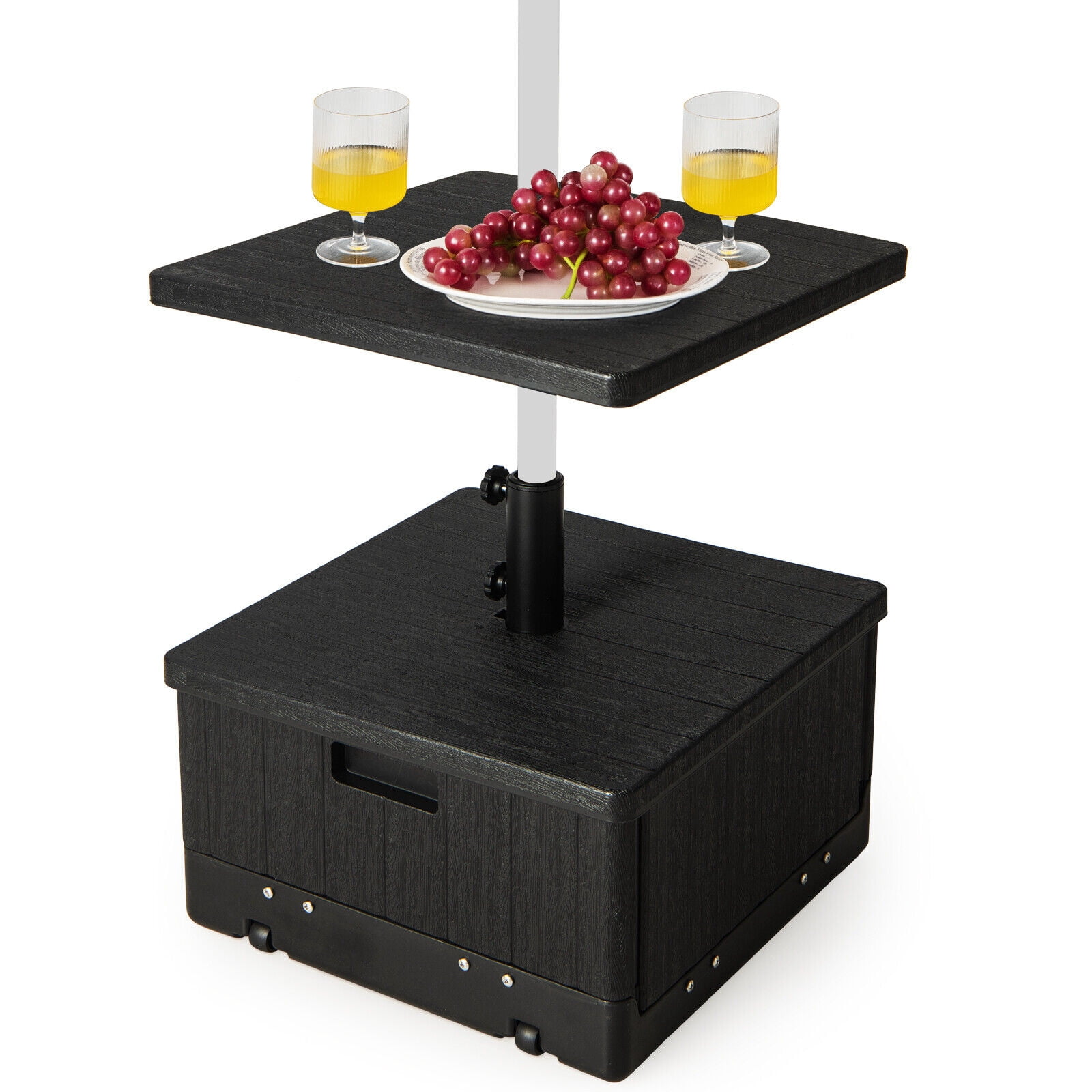 Amijoy 175 LBS Outdoor Fillable Umbrella Base w/ Table Tray, Weighted Bag, Wheel, Handle, 3-in-1 Coffee End Table Planter Box Umbrella Stand