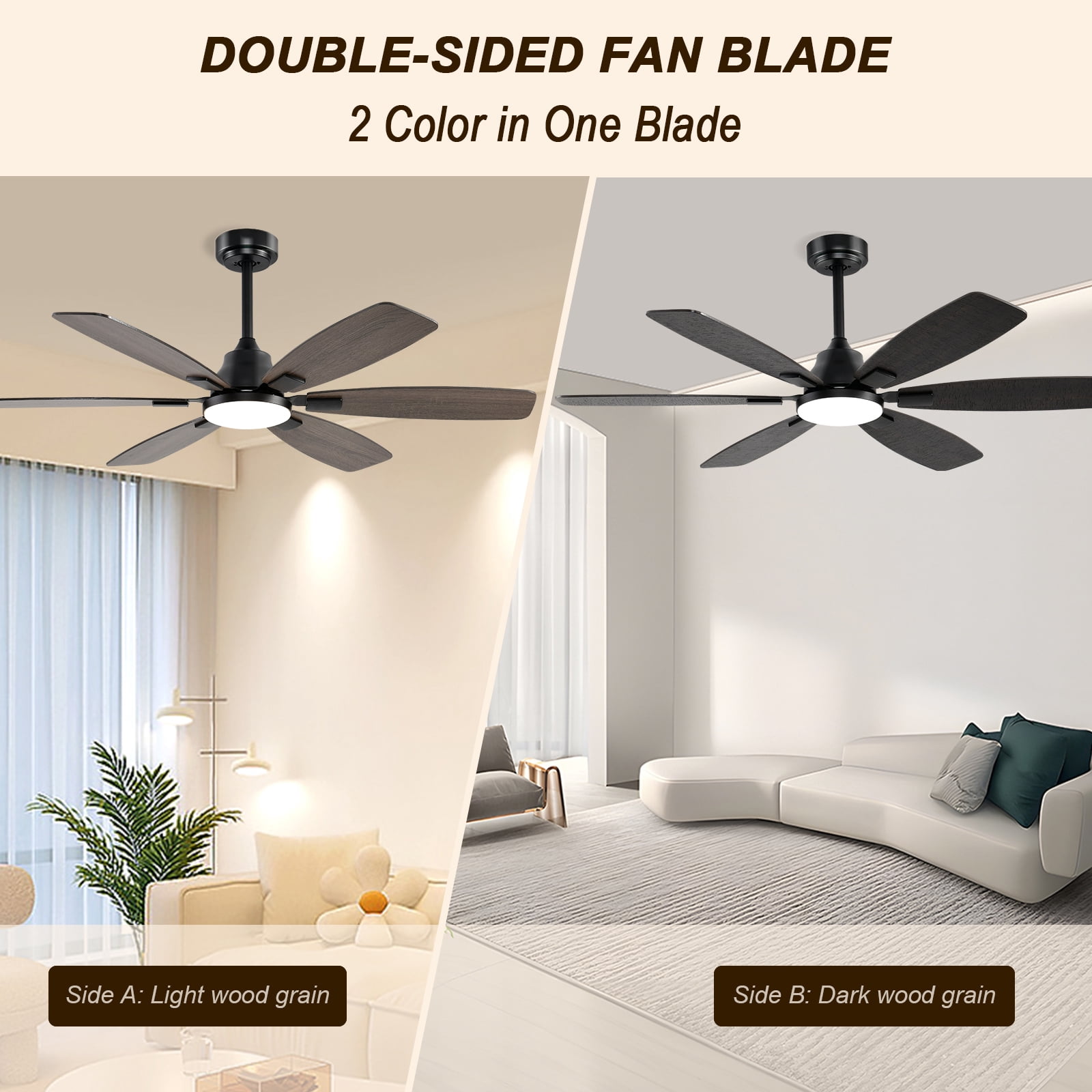 Ayaoty Ceiling Fans with Lights, 52 Inch Ceiling Fan with Light and Remote, 3CCT Dimmable, 6 Speed Reversible DC Motor,5 Blades Modern Brown Ceiling Fan for Bedroom, Indoor/Outdoor Use