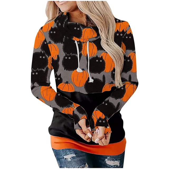 Chandail en Molleton Chat Citrouille Pull Col Rond Halloween pour Femmes Manches Longues Décontracté Ample