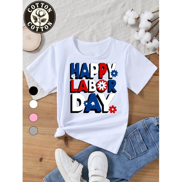 Youngsters' Patriotic Labor T-Shirt - "Happy Labor quot; Design with American Flag & Stars, Soft Pure Cotton, Regular Fit Round Neck Tee for Boys & Girls, Perfect for School Events & Casual Wear