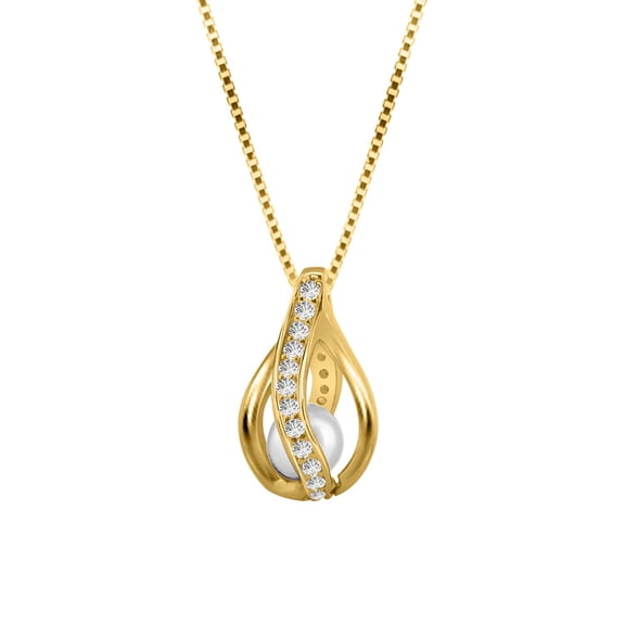 Aone jewelry 1.10 Carat White Pearl & Natural White Diamond Design Pendant Necklace For Woman Crafted In 10k Rose White and Yellow Gold With 18 Gold Plated Over 925 Sterling Silver Box Chain