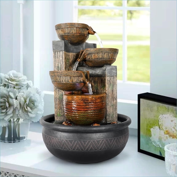 Fountains, 4 Tier 15.7" H Indoor Tabletop Waterfall Fountain with LED Lights, for Home Office Bedroom Hallway | Resin | Waterfall
