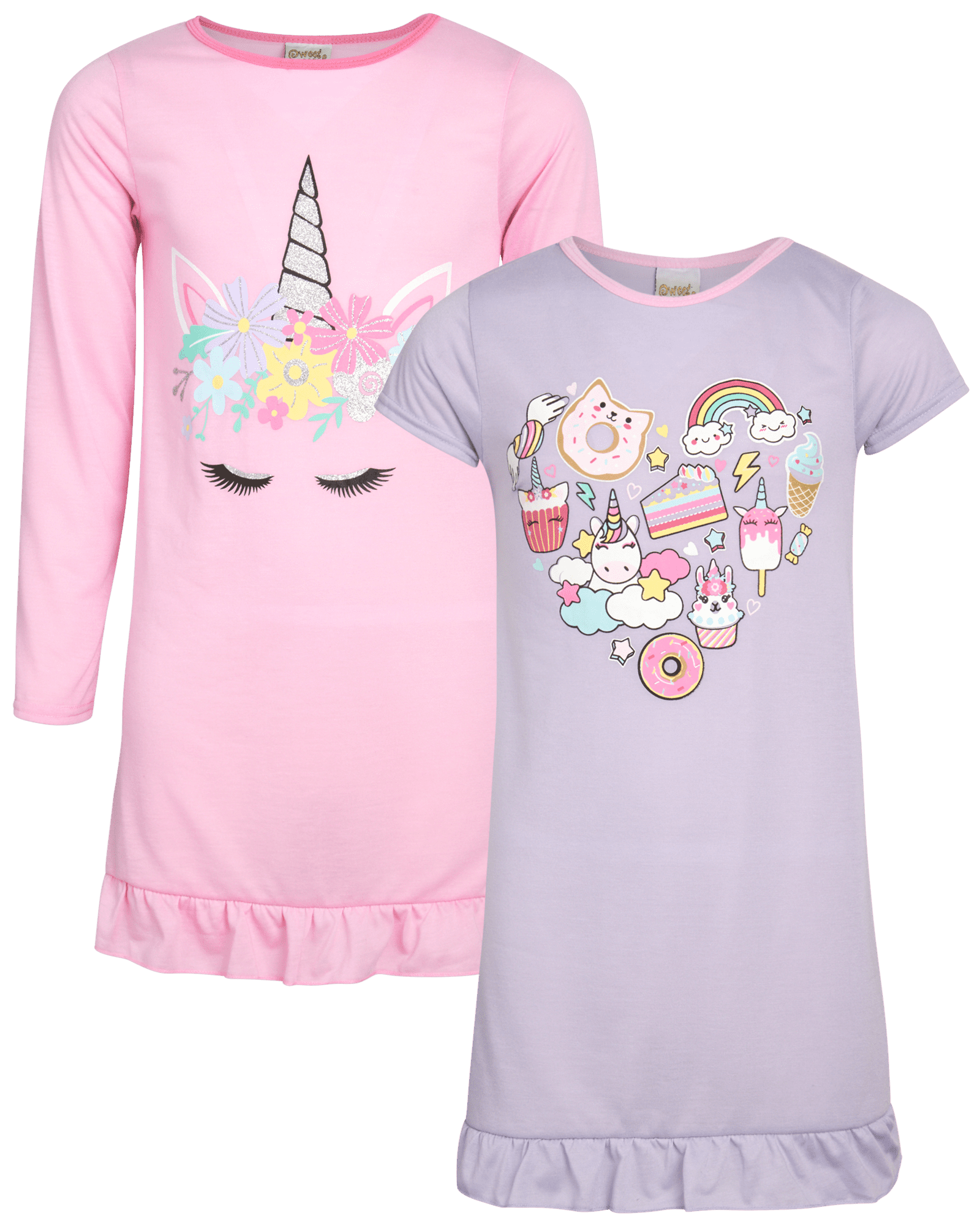 Sweet & Sassy Girls' Nightgown Pajamas - 2 Pack Sleep Shirt Unicorn ...