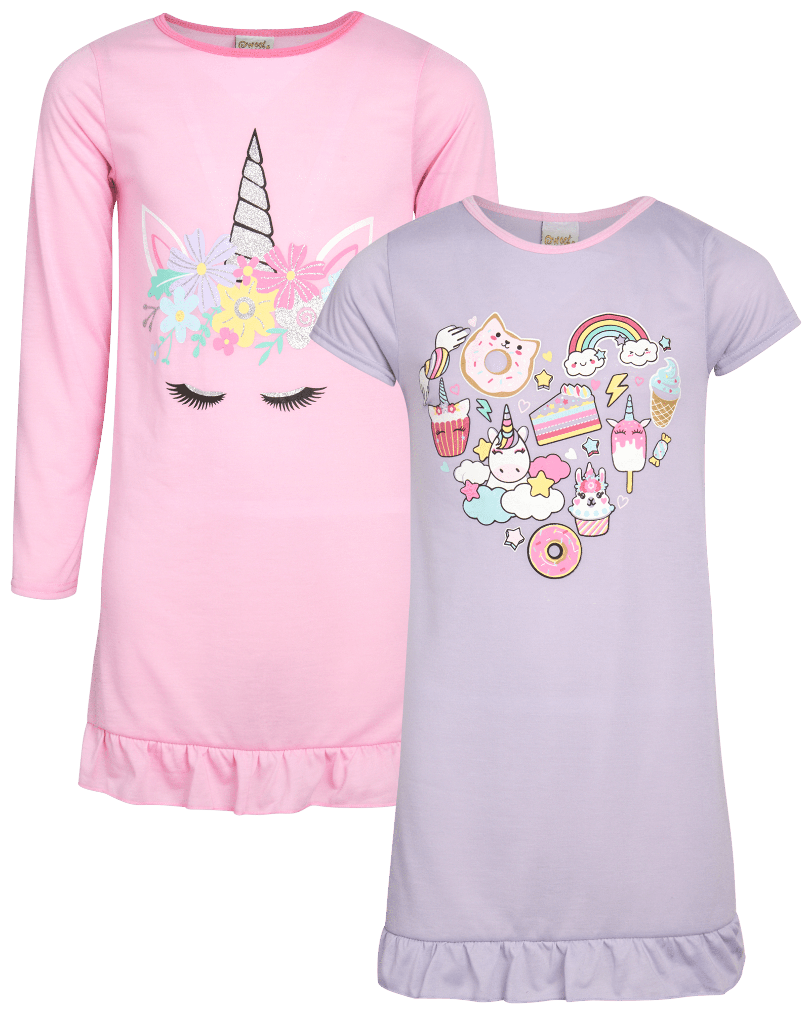 Sweet & Sassy Girls' Nightgown Pajamas 2 Pack Sleep Shirt Unicorn