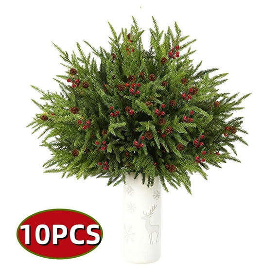 Kabuer Artificial Norfolk Pine Branches 17" Fake Cedar Stems with Pine Needle,Cone,Fake Greenery Pine Picks for Vase DIY Garland Wreath Home Decoration 10PCS