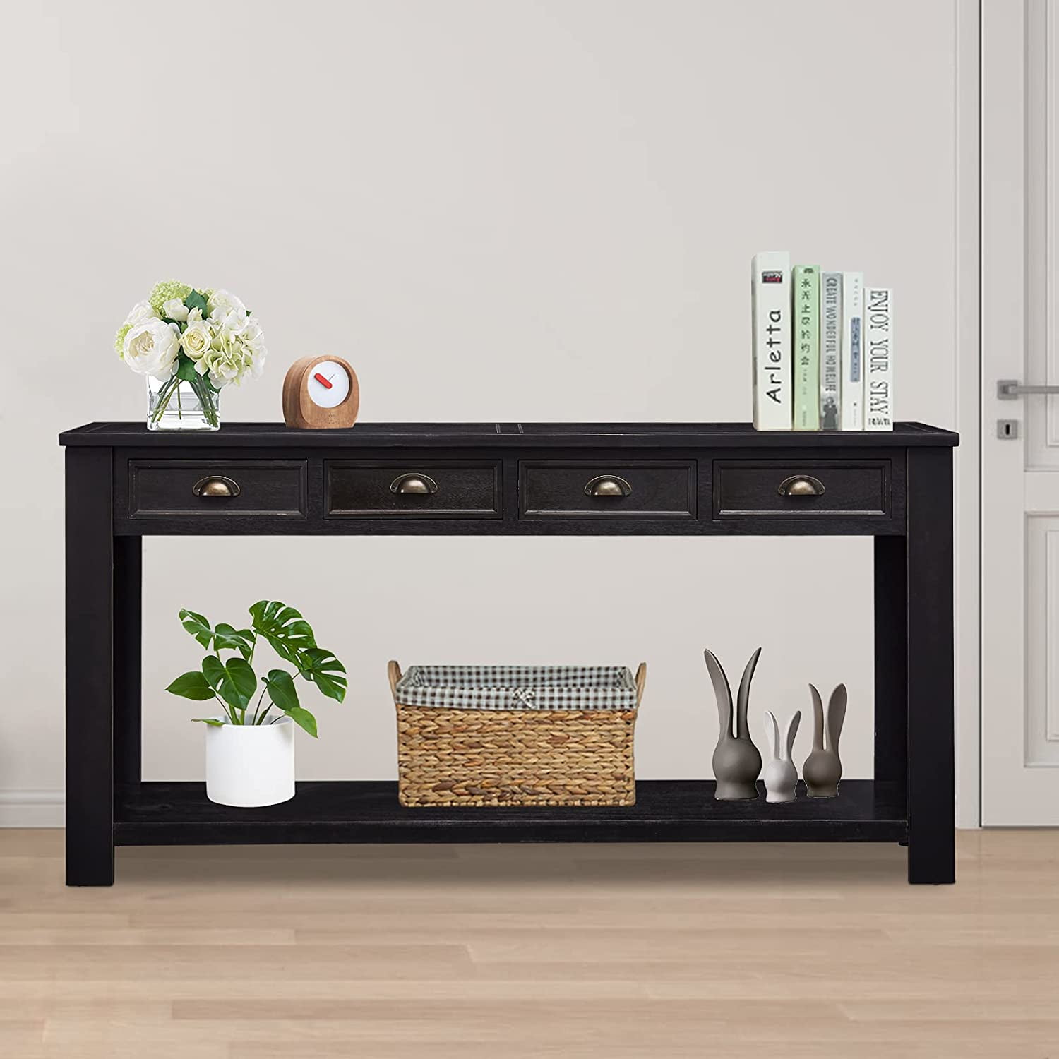 Kinbor 60'' Console Table Entryway Hallway Decoration Drawers Shelf Painted Black Rustic