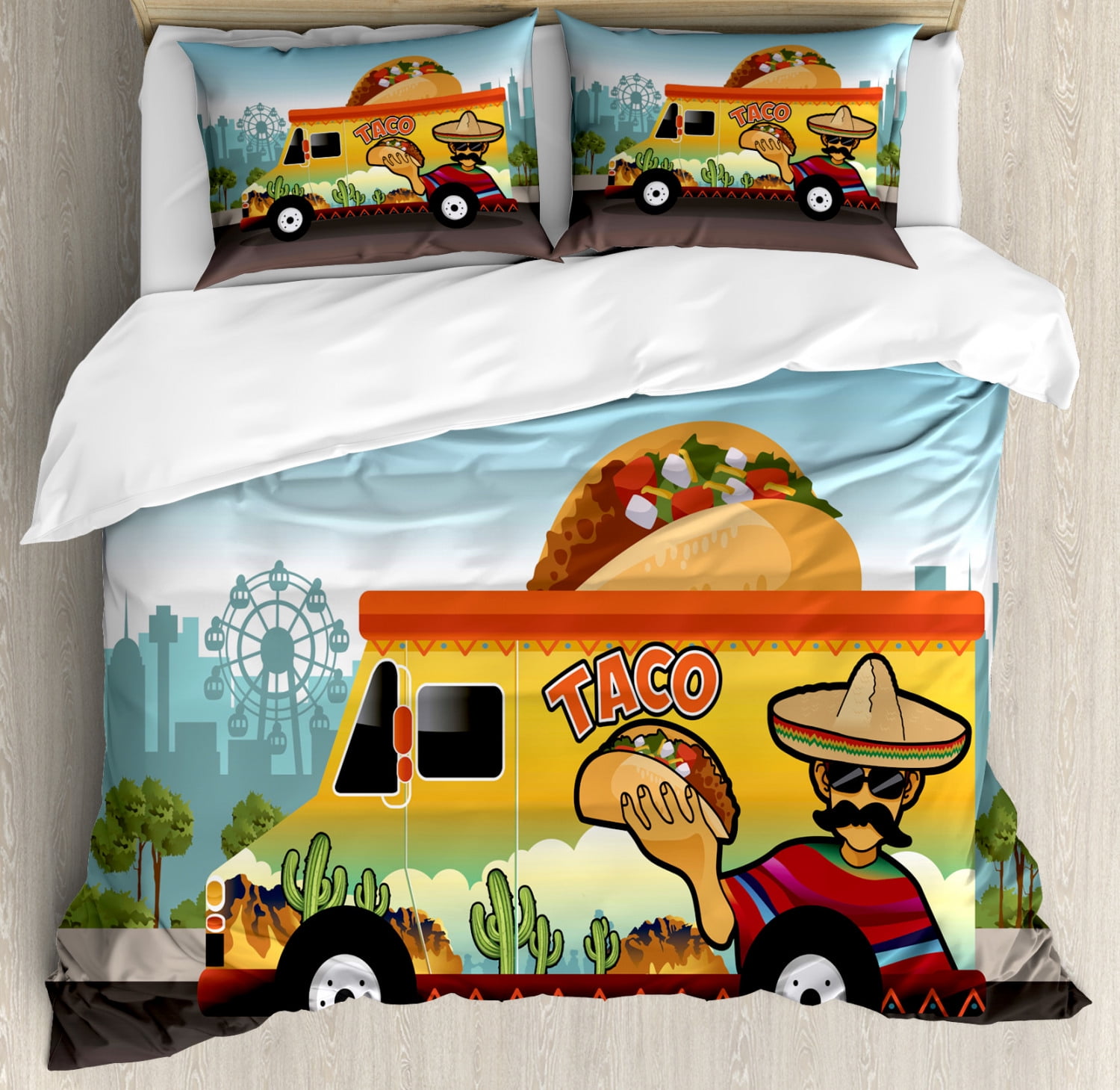 Mexican Duvet Cover Set Queen Size, Taco Truck on the Road in City