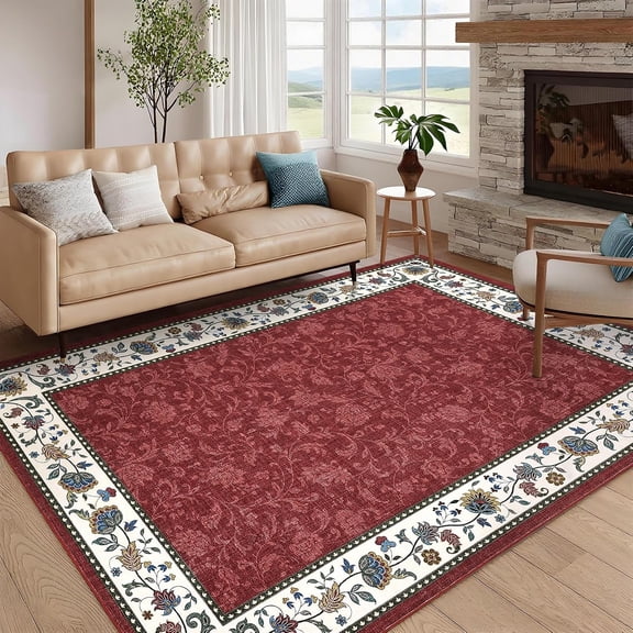 5x7 Farmhouse Floral Area Rug, Non Slip Washable Low Pile Pearl Fiber Living Room Bedroom Carpet,red