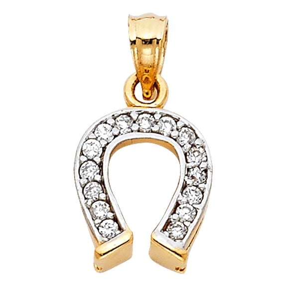 14k Yellow Gold Wide Horseshoe Pendant Clear Cubic Zirconia High Polished Lucky Charm Jewelry Female
