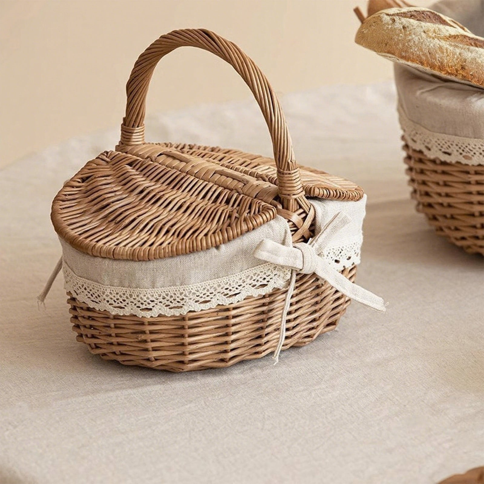 Adult Easter Basket, Picnic Basket, Handwoven Wicker Picnic Basket with Lid, Storage Hamper with Handle, Rattan Serving Basket for Outdoor, Beach, Camping