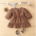 thumbnail image 3 of StylesILove Baby Toddler Girls Solid Ruffle Hem Long Puff Sleeve Corduroy Dress Princess Casual Spring Fall Outfit (24 Months, Mocha), 3 of 7