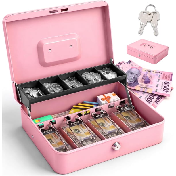 Caja para Dinero de Seguridad con Llaves y Cerradura de Seguridad, Caja Fuerte para Almacenamiento, Amplios Compartimientos con 4 Charolas para Billetes y 5 Depósitos para Monedas (Rosa),Rosa