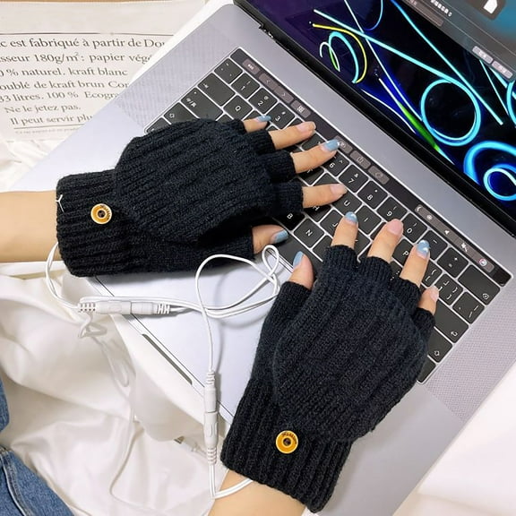 Winter USB Heated Gloves, Electric Warm Plush Gloves for Mobile, Computer, Typing, Gaming, Soft Wool, Full & Half Finger, Back Hand Heating