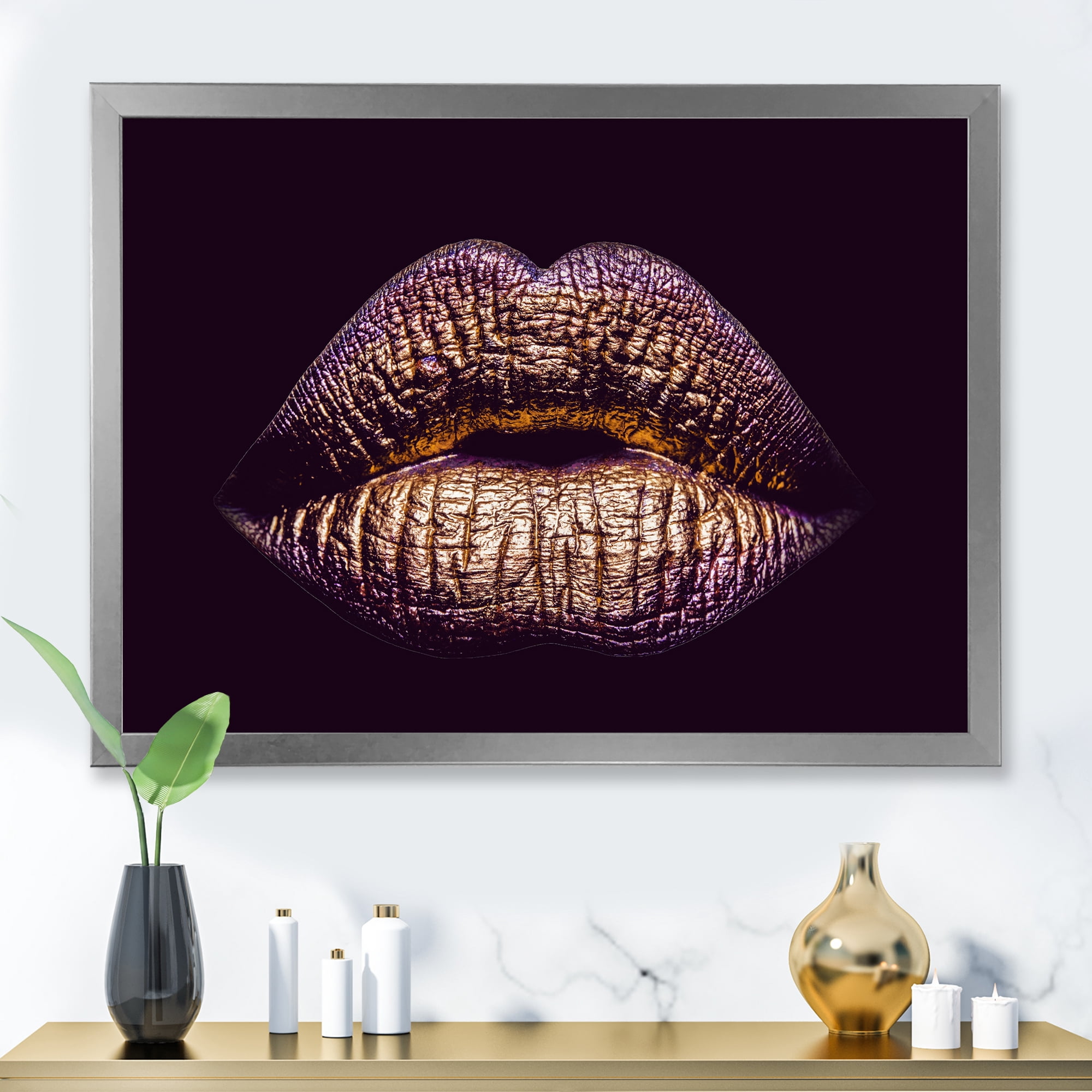 Designart 'Sexy Golden Metallized Woman Lips III' Modern Framed Art Print