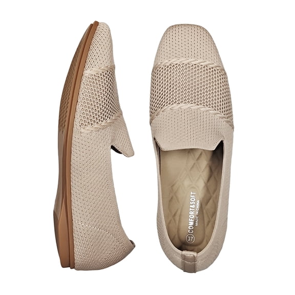 LANCROP Women's Square Toe Knit Loafers, Breathable Slip-On Flats, Lightweight Arch Support Casual Walking Shoes