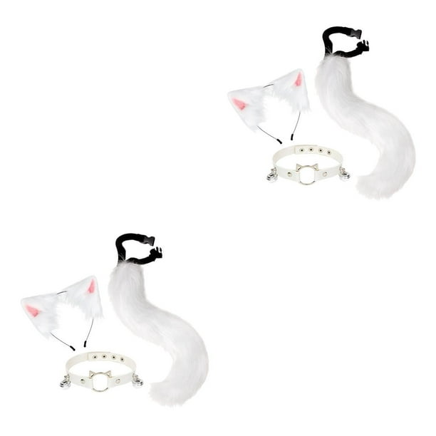 Qarigey 3x conjunto de orejas y cola de zorro de peluche para mujeres y niñas, conjunto de gargantilla con cuello y cuello 2piezas blanco