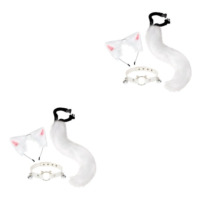 Qarigey 3x conjunto de orejas y cola de zorro de peluche para mujeres y niñas, conjunto de gargantilla con cuello y cuello blanco 2piezas