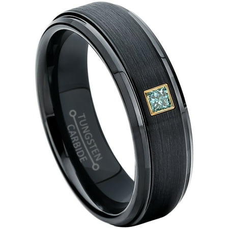 6mm Princess Cut Mount - 0.05ctw Princess Cut Blue Diamond Tungsten Ring - 6MM Brushed Black IP Stepped Edge Tungsten Carbide Wedding Band - April Birthstone Ring - 14kt Yellow Gold Bezel - TN085PSG-1BLDs9