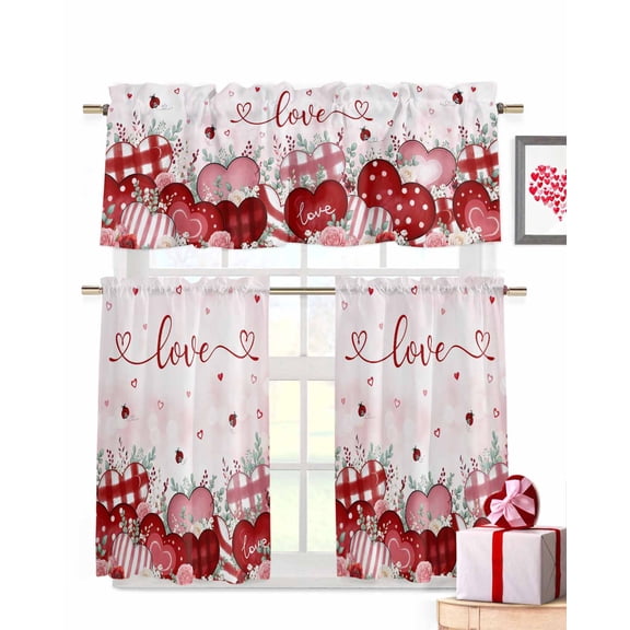 Valentine's Day Kitchen Curtains Valances and Tiers Set of 3, 24 Inch Length Tier Curtains and Valance Rod Pocket Valance Curtains Set for Kitchen Bathroom Small Windows