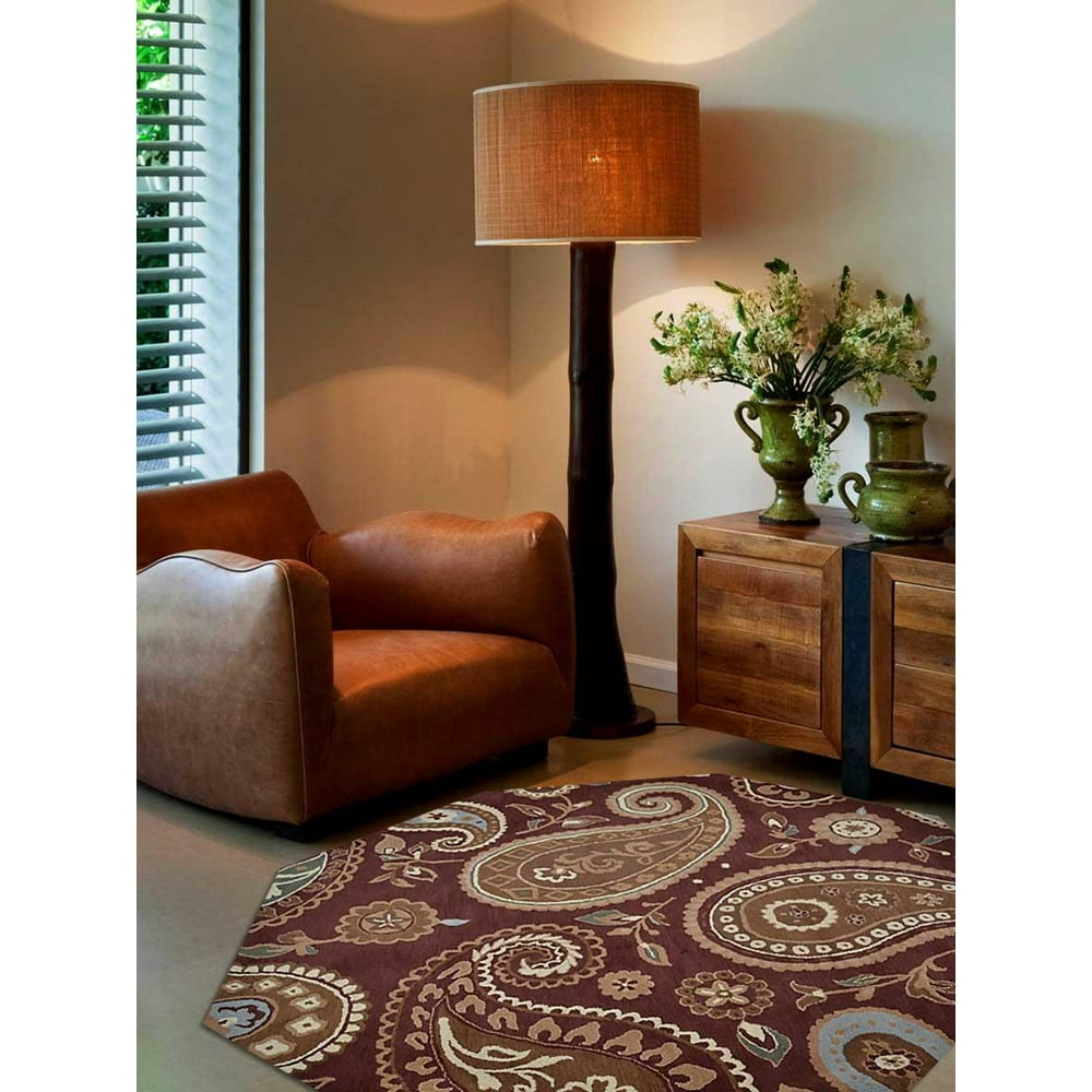 Paisley All Over Hand Tufted Wool Carpet Transitional 8x8 Brown Octagon Area Rug