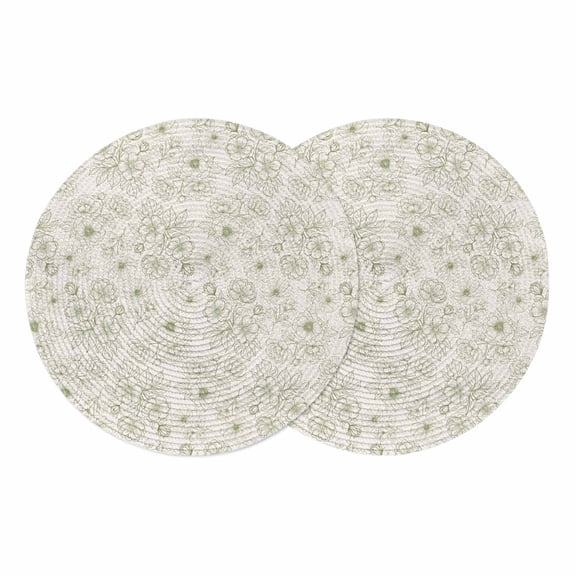 Farmhouse Flowers Round 13 Inch Placemats Set of 2, Green Botanical Floral Patterned HeatResistant Non Slip Place Mats for Dining Table, Wipeable Braided Kitchen Table Mats for Housewarming