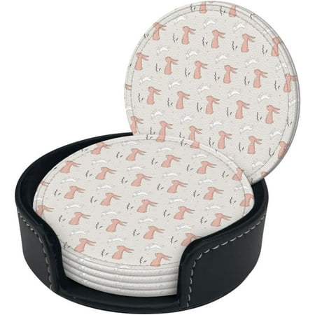 

Round Coaster Set of 6 with Holder Pink-Cute-Rabbits-Bunny Leather Coasters for Drinks
