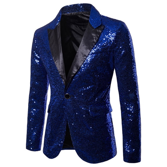 Wrtxtat Men's Shiny Sequin Blazer Sparkle Metallic Tuxedo Party Jacket Festival Party Prom Performance One Button Jacket Big and Tall Blue XXXXXL