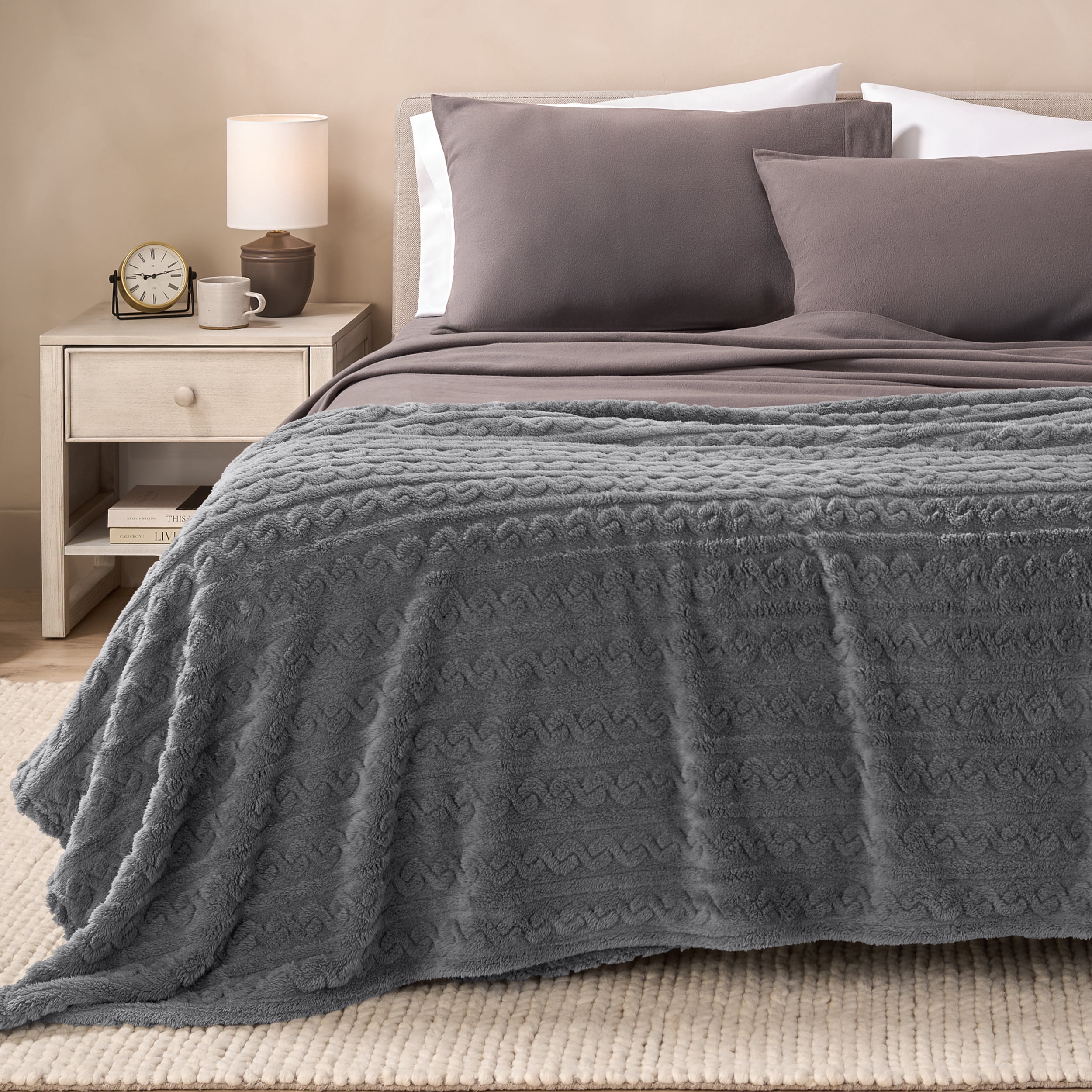 Bare Home Faux Shearling Blanket - Fluffy & Soft - Lightweight - Throw/Travel, Gray - Cable