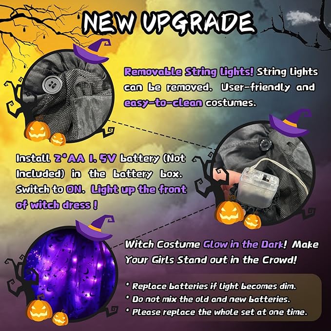 Sefiry Light-Up Witch Halloween Costume for Girls, Size 5-7T photo 4