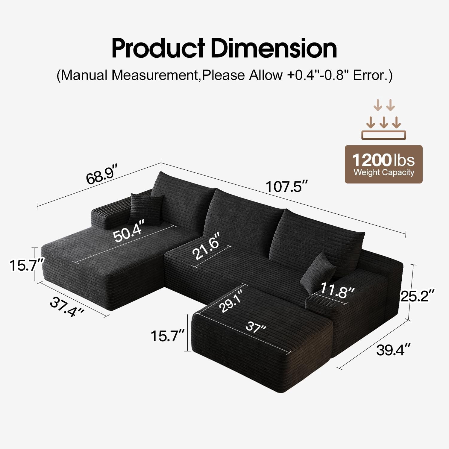 Sailvan 107" Cloud Sectional Couch, Cloudy Sofa with L-Shape Chaise & Ottoman, Upholstered Couches for Living Room & Bedroom, No Assembly Required, Plush Corduroy Fabric, Black