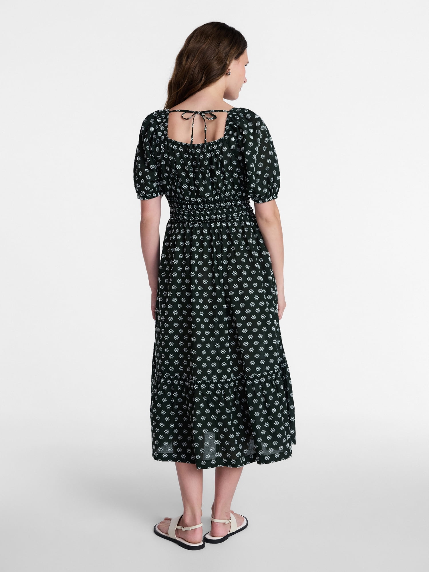 Time and Tru Women's Square Neck Cotton Midi Dress with Puff Sleeves, Sizes XS-XXXL
