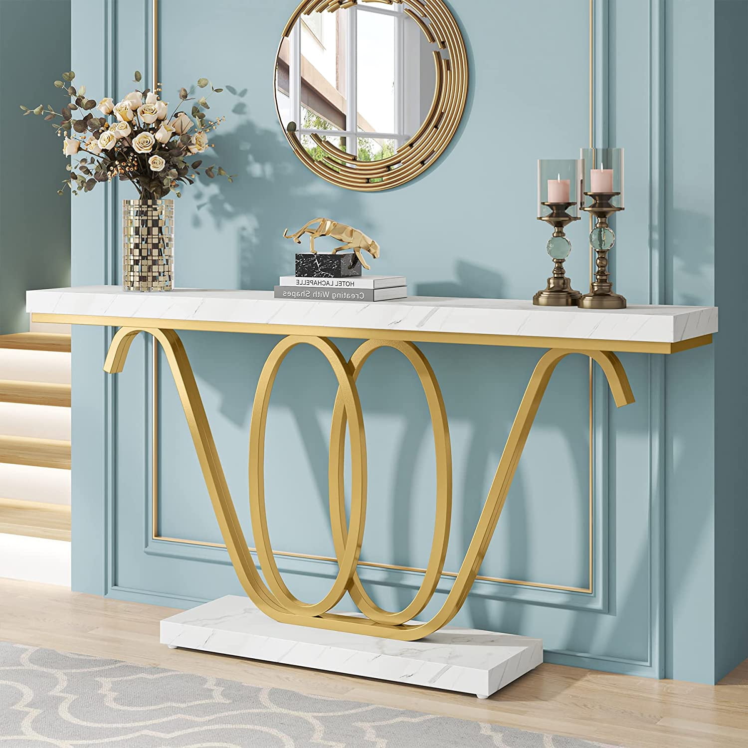 Tribesigns 55" Gold Console Table, Faux Marble Entryway Table Sofa