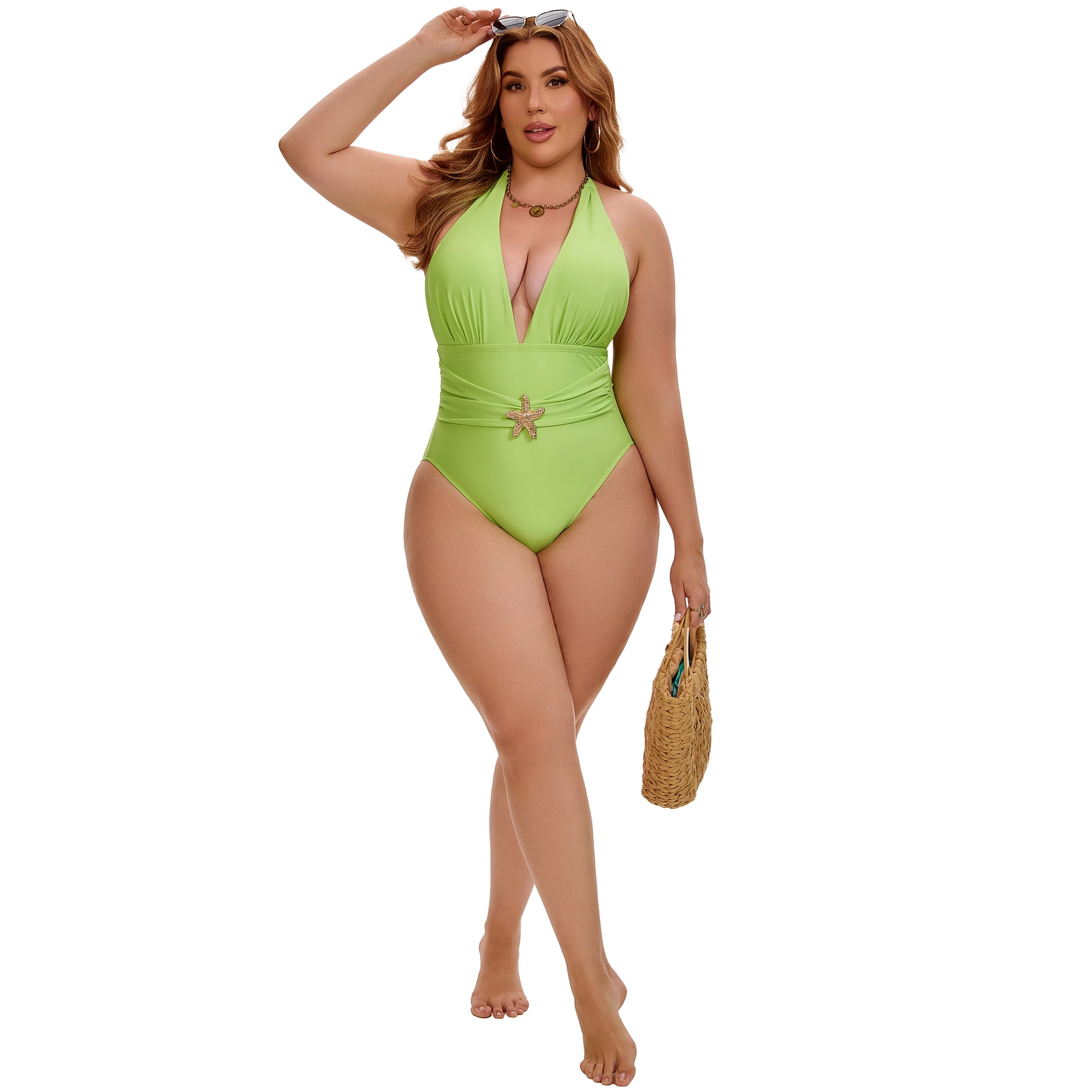 DARING DIVA Women's Plus 1 Piece Halter Tummy Control Swimwear 3X Green