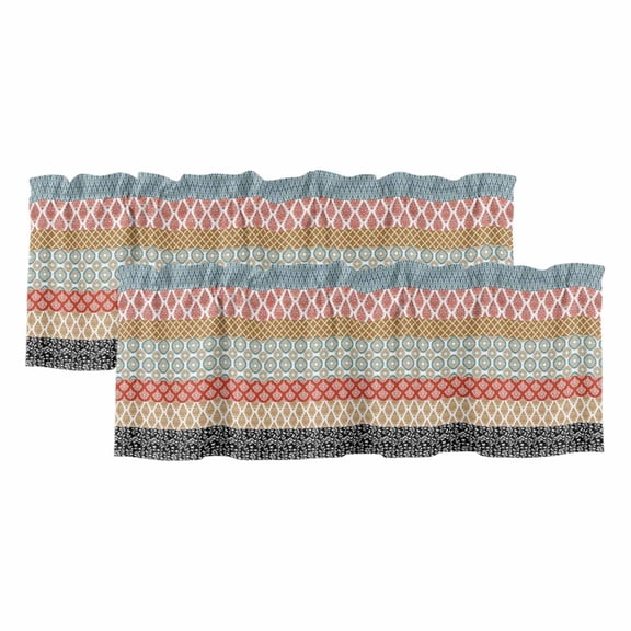 Boho Ethnic Window Valance, Bohemian Geometric Stripes Orange 2 Pack Decorative Curtain for Small Windows, Light Filtering Valance with 3” Rod Pocket, 42"W x 18"L