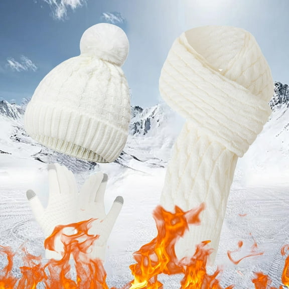 Tittly Beanie Winter Hats Scarf Gloves Hat Set For Teen Girls Women&Men Autumn Winter Warm Wool Hat Scarf Gloves Three Pieces Scarf for Women Winter Gloves White One Size
