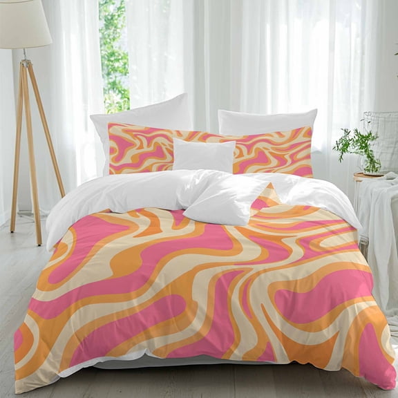 3 Piece Pink Orange Duvet Cover Set California King, Microfiber Comforter/Quilt Cover with Corner Ties and 2 Pillowcases, Art Abstract Modern Geometric All Season Soft Bedding with Zipper Closure