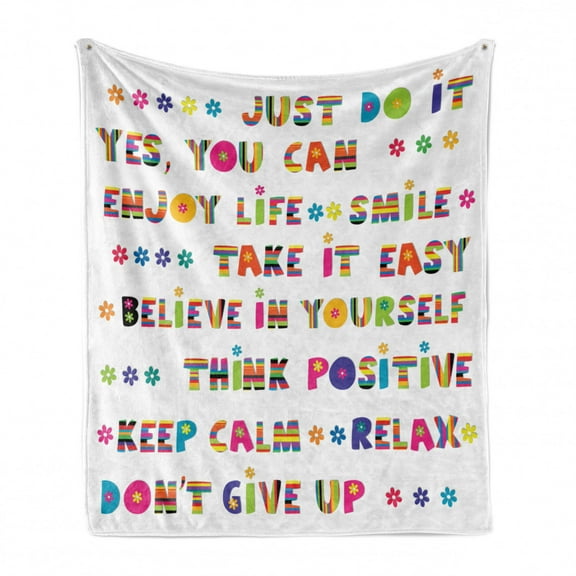 Colorful Soft Flannel Fleece Throw Blanket, Slogans with Cheerful Funny Typography Design with Daisy Blossoms, Cozy Plush for Indoor and Outdoor Use, 60" x 80", Multicolor, by Ambesonne