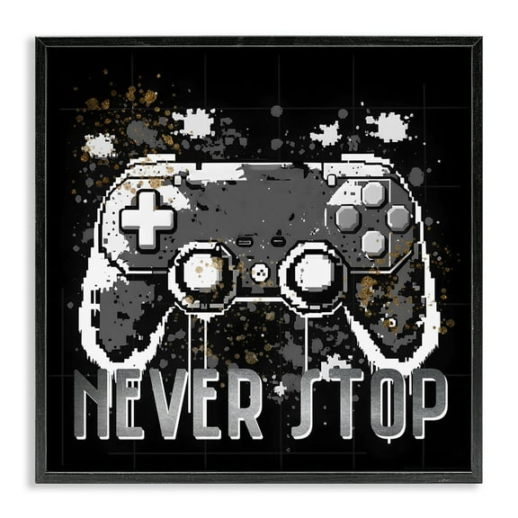 Stupell Industries Never Stop Pixel Controller Entertainment Painting Black Framed Art Print Wall Art, 12 x 12