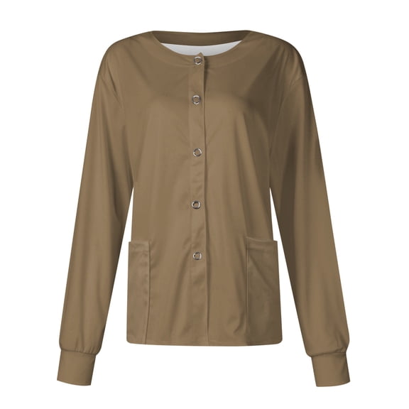 CIENVNSTG Jackets for Women Button Down Front Long Sleeve Nurse Uniforms Button Down Nursing Shirt Soft Fabric Brown 5XL