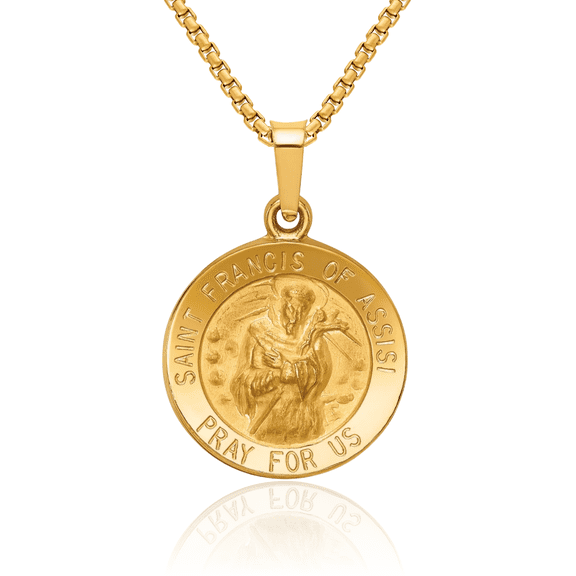 14K Solid Yellow Gold Saint Francis of Assisi Medal Necklace Chain Pendant Charm