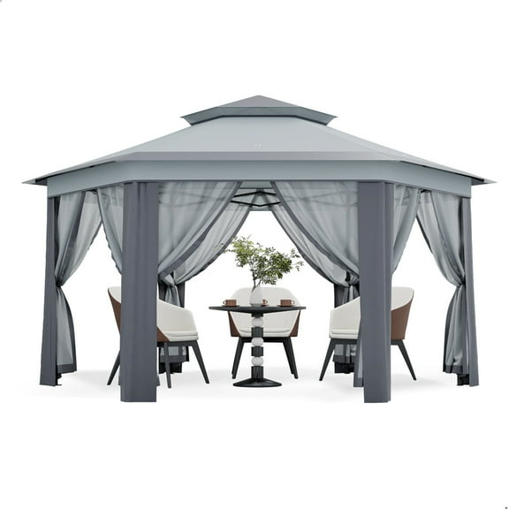 13 x 13 Ft Pop Up Hexagonal Gazebo, Outdoor Canopy Shelter, Pop up Gazebos Tent with Netting and Strong Steel Frame for Patio Lawn Backyard and Deck